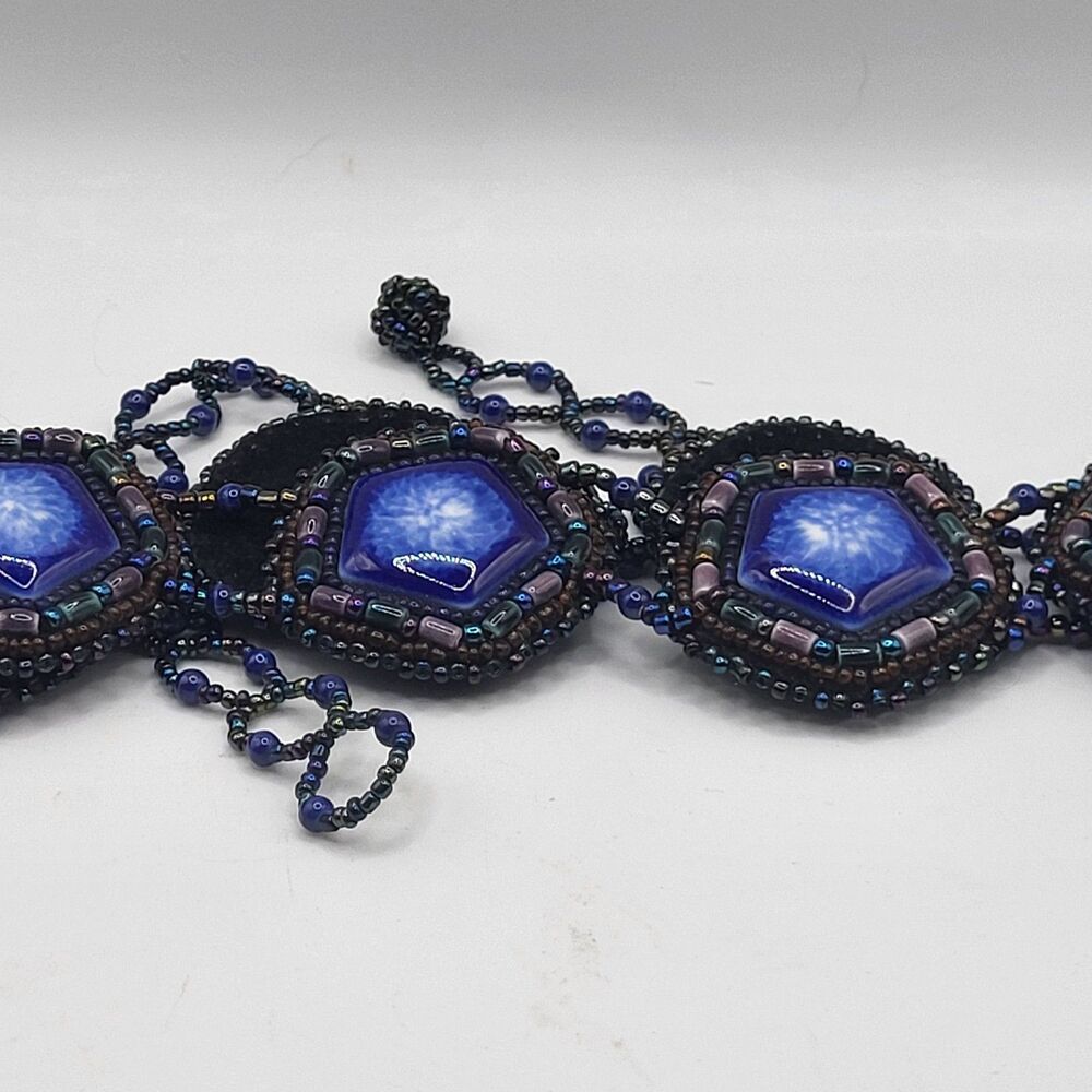 Artisan Handmade Beaded Belt Cobalt Blue Hexagon Cabochon Statement Boho 42in